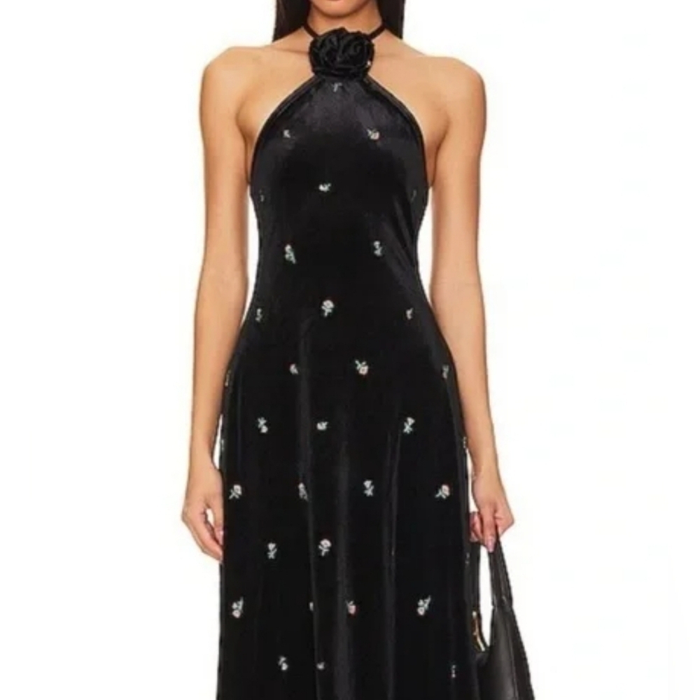 WeWoreWhat Women's High Neck Velvet Flower Halter Midi Dress, Black, Size Medium